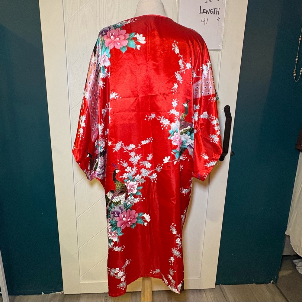 Cool Art Red Satin Kaftan Loungewear Peacock Floral Kimono Maxi Dress Boho Mumu - Picture 6 of 8